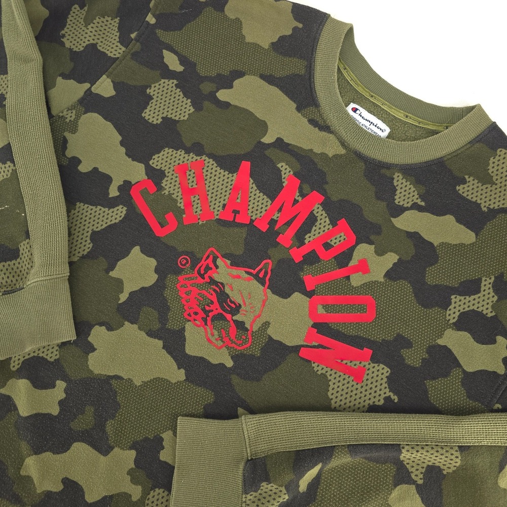 Champion‎ Waffle Knit Camo Wolf Logo Crewneck Sweatshirt XL Fleece Drawcord Hem